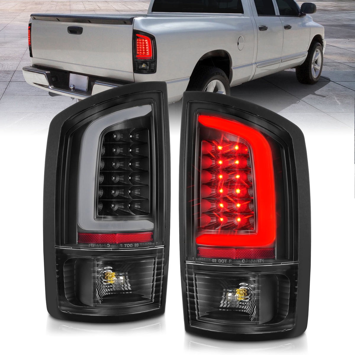 ANZO 2002-2006 Dodge  Ram 1500 LED Tail Lights w/ Light Bar Black Housing Clear Lens - 311368 for 2002-2006 Dodge Ram 1500 - 
