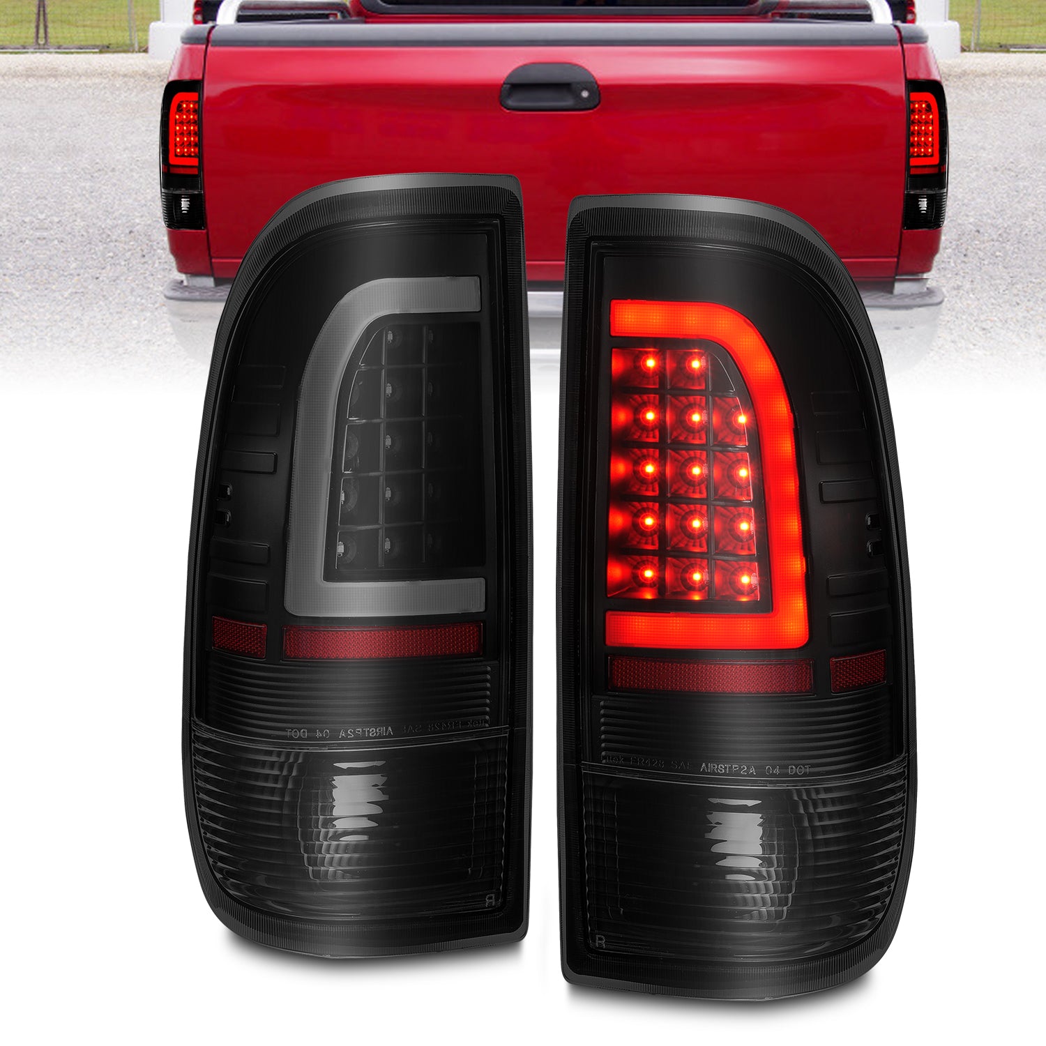 ANZO 1997-2003 Ford F-150 LED Tail Lights w/ Light Bar Black Housing Smoke Lens - 311378 for 1997-2007 Ford F 250 - front vie