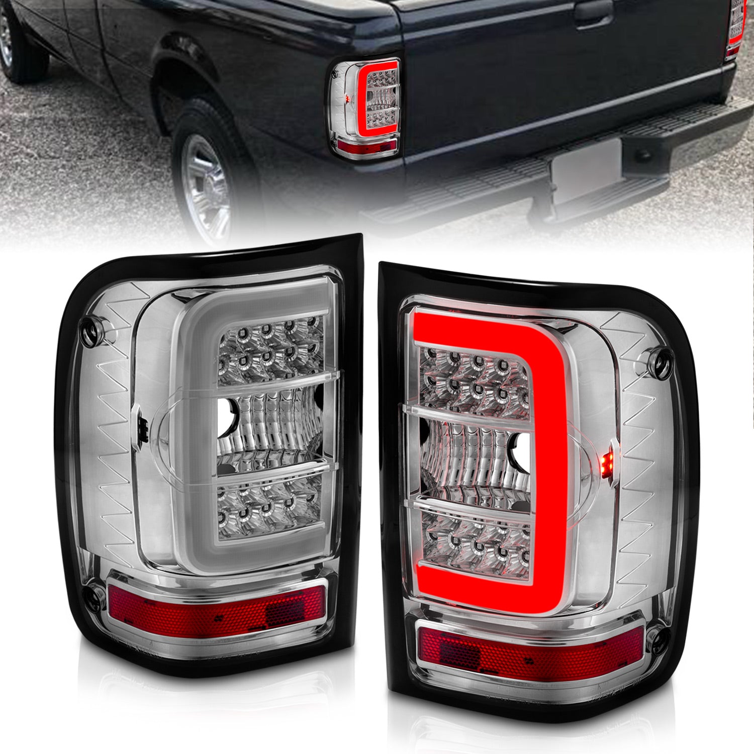 ANZO 2001-2011 Ford  Ranger LED Tail Lights w/ Light Bar Chrome Housing Clear Lens - 311392 for 2001-2011 Ford Ranger - front