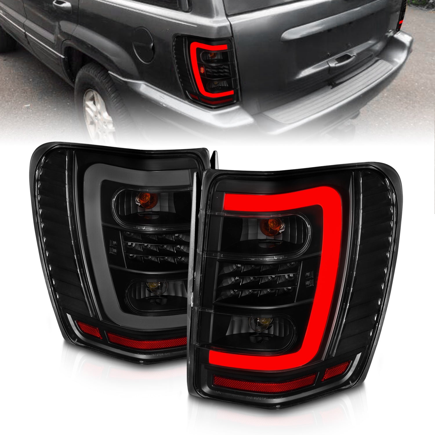ANZO 1999-2004 Jeep Grand Cherokee LED Tail Lights w/ Light Bar Black Housing Smoke Lens - 311395 for 1999-2004 Jeep Grand Ch