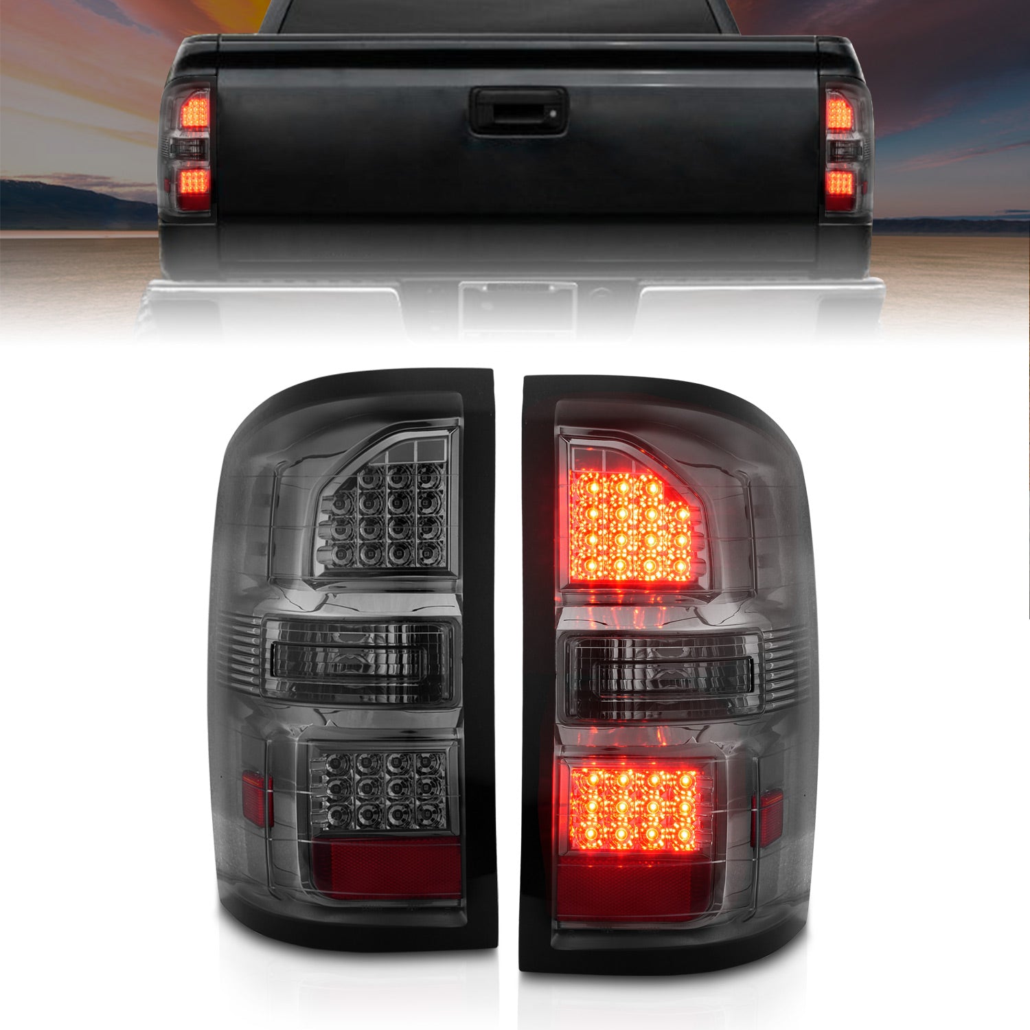 ANZO 2014-2018 GMC Sierra LED Tail Lights Black Housing Smoke Lens - 311398 for 2014-2018 GMC Sierra 1500 - front view