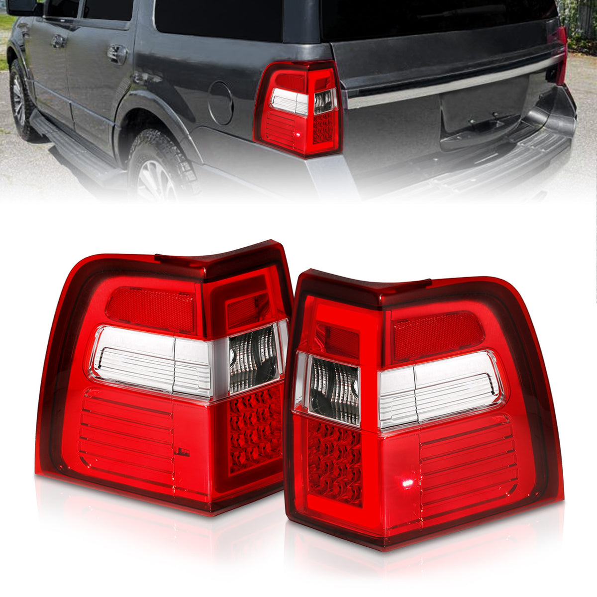 ANZO 07-17 For Expedition LED Taillights w/ Light Bar Chrome Housing Red/Clear Lens - 311410 for 2007-2017 Ford Expedition - 