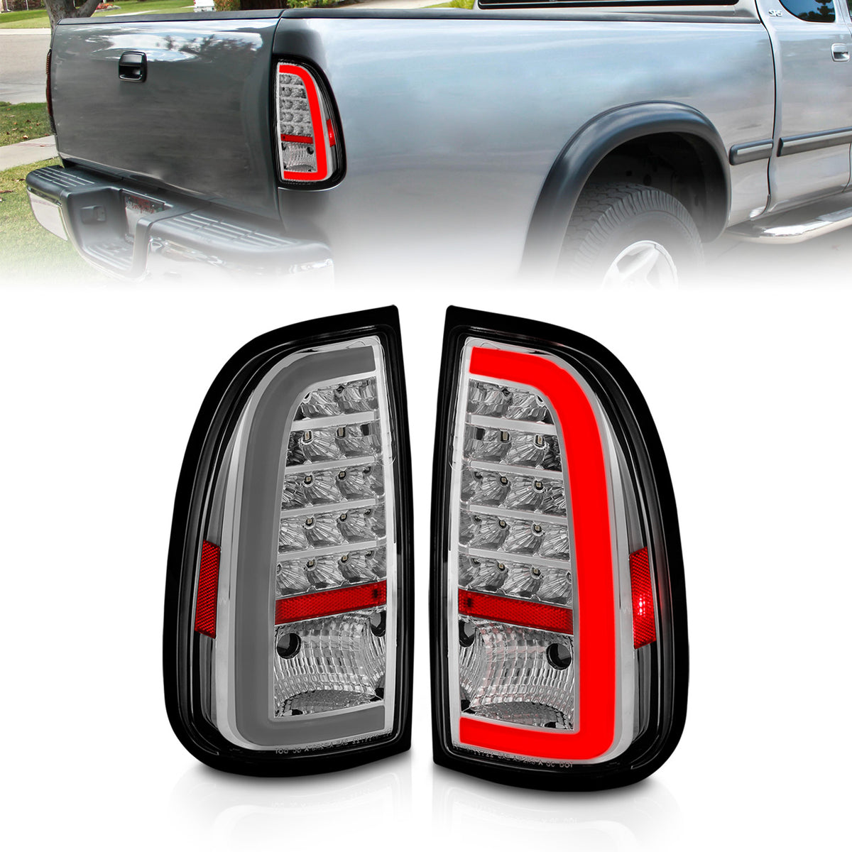 ANZO 00-06 Toyota Tundra LED Taillights w/ Light Bar Chrome Housing Clear Lens - 311413 for 2000-2006 Toyota Tundra - front v