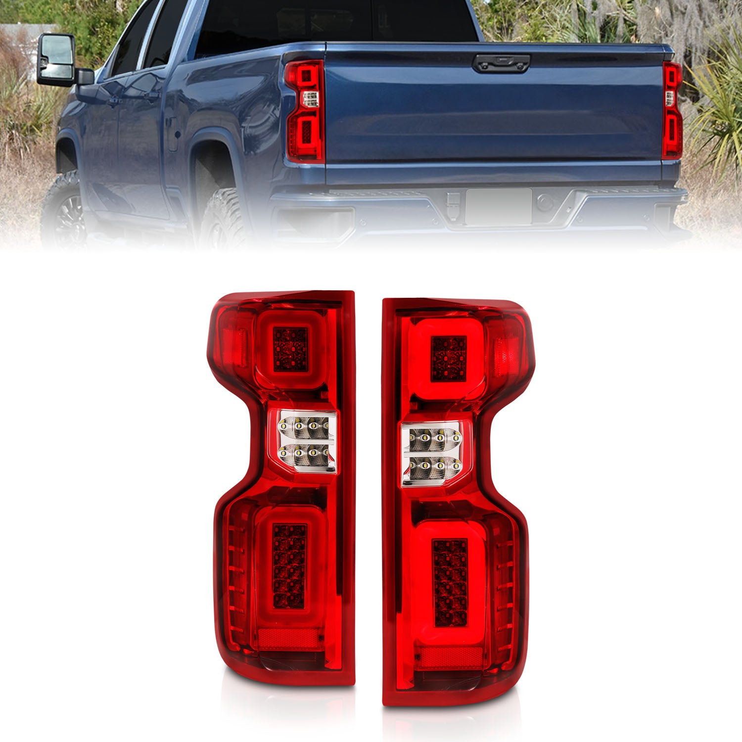Anzo 19-21 Chevy Silverado Work Truck Full LED Tailights Chrome Housing Red Lens G2(w/C Light Bars) - 311419 for 2019-2024 Ch