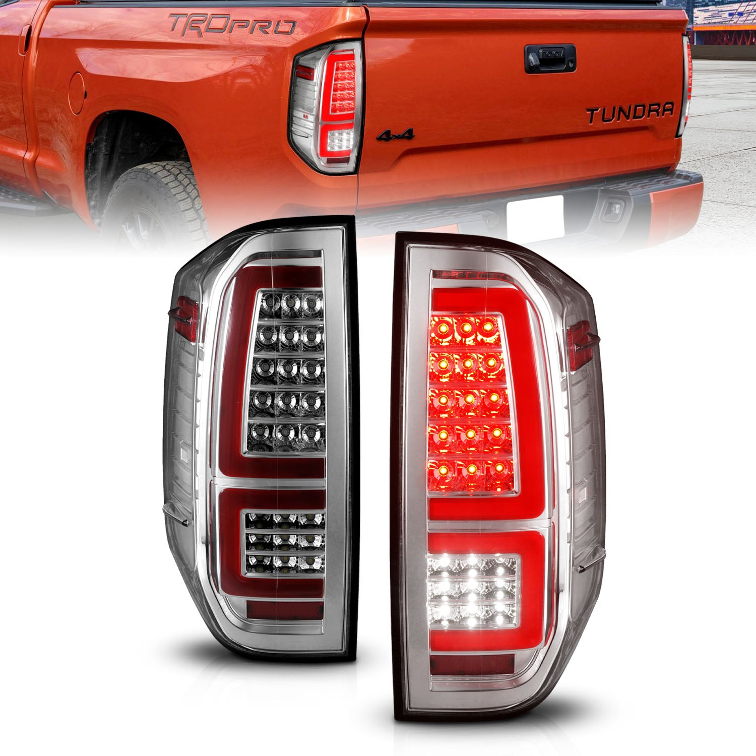 ANZO 2014-2021 Toyota Tundra LED Taillights Chrome Housing/Clear Lens - 311438 for 2014-2021 Toyota Tundra - front view
