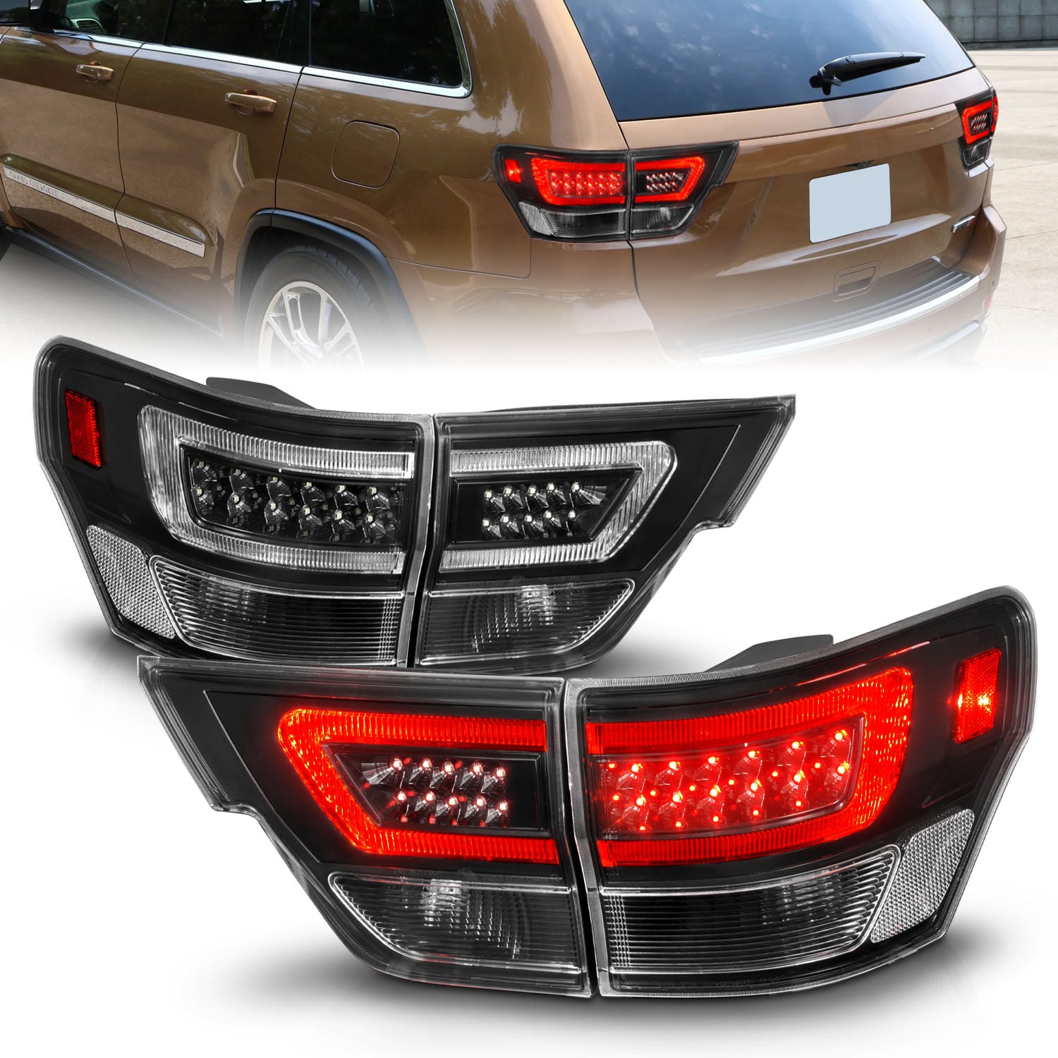 ANZO 11-13 Jeep Grand Cherokee LED Taillights w/ Lightbar Black Housing/Clear Lens 4pcs - 311439 for 2011-2013 Jeep Grand Che