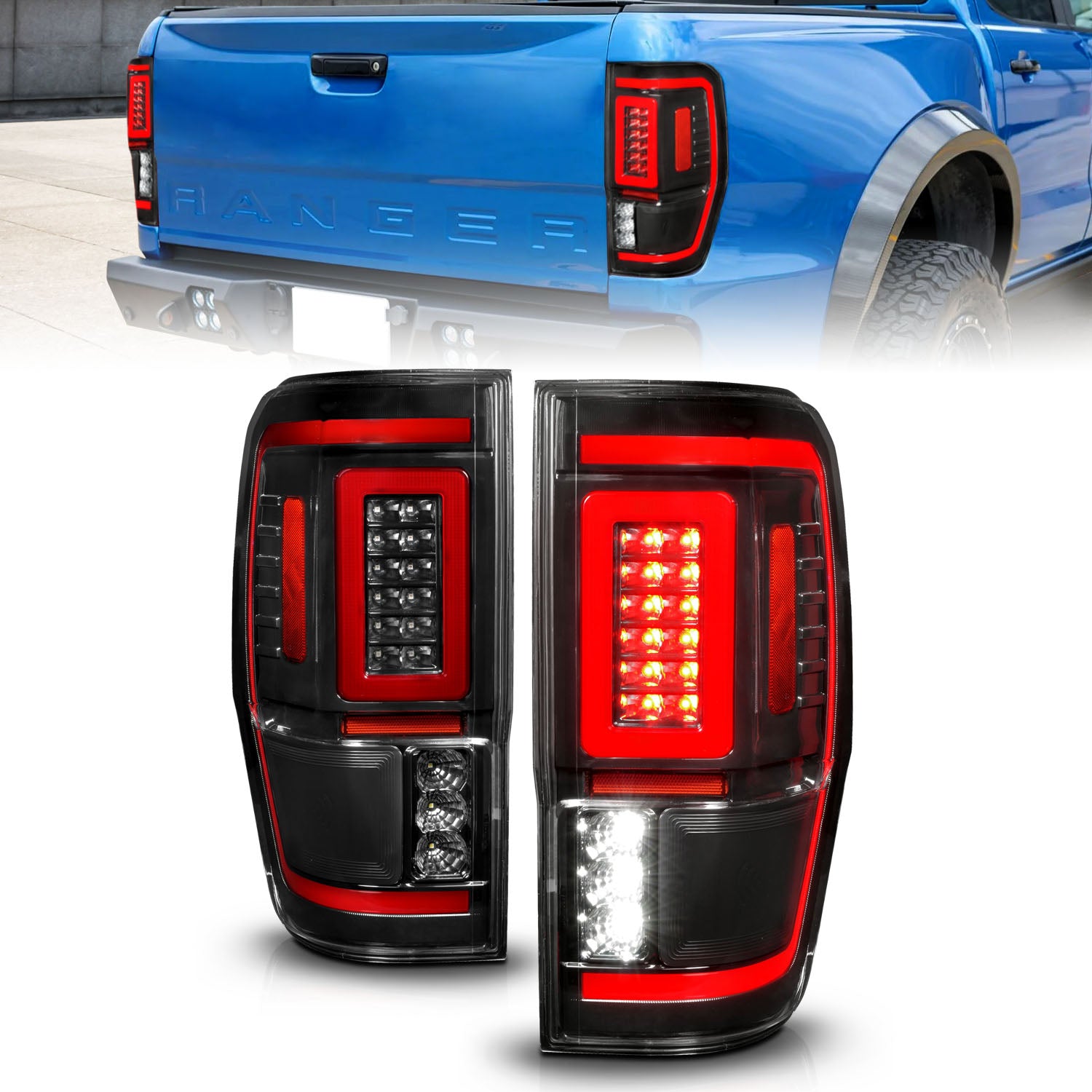ANZO 19-22 Ford Ranger Full LED Taillights w/ Lightbar Sequential Signal Black Housing/Clear Lens - 311446 for 2019-2023 Ford