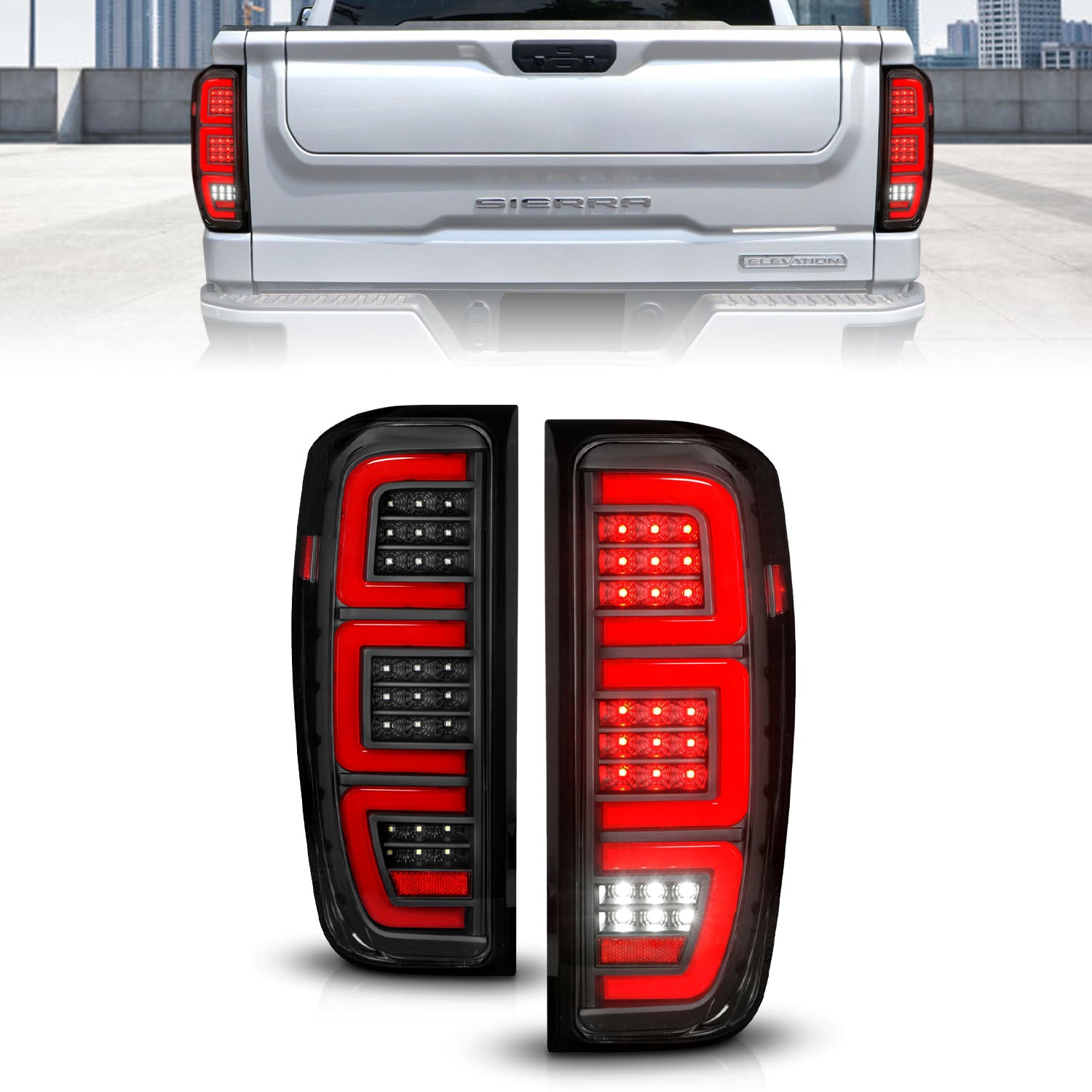 Anzo 19-23 GMC Sierra 1500/2500HD/3500HD Black Replacement Full LED Bar Tail Light - 311457 for 2019-2024 GMC Sierra 1500 - f