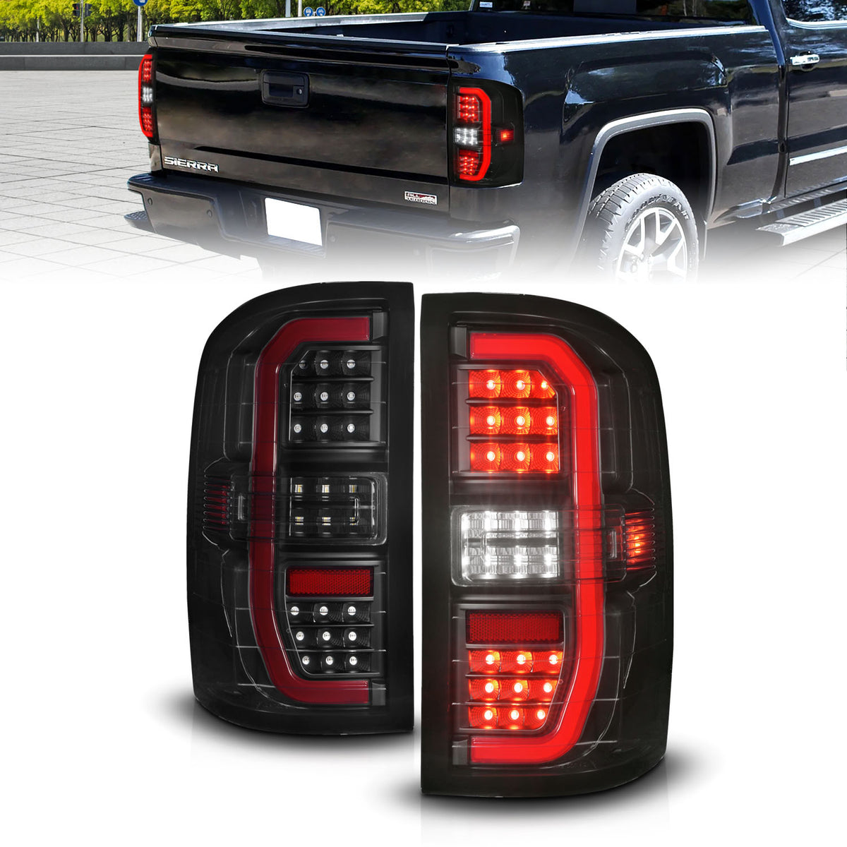 ANZO 14-18 GMC Sierra 1500 Full LED Taillights Black Housing Smoke Lens (w/C Light Bars) - 311465 for 2014-2019 GMC Sierra 15