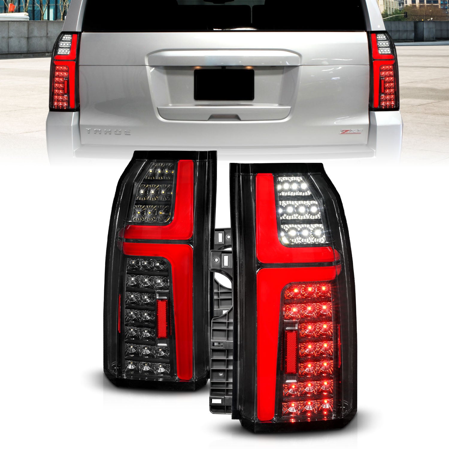 ANZO 15-20 Chevrolet Tahoe Sequential LED Tube Taillights Black - 311467 for 2015-2020 Chevrolet Suburban - front view