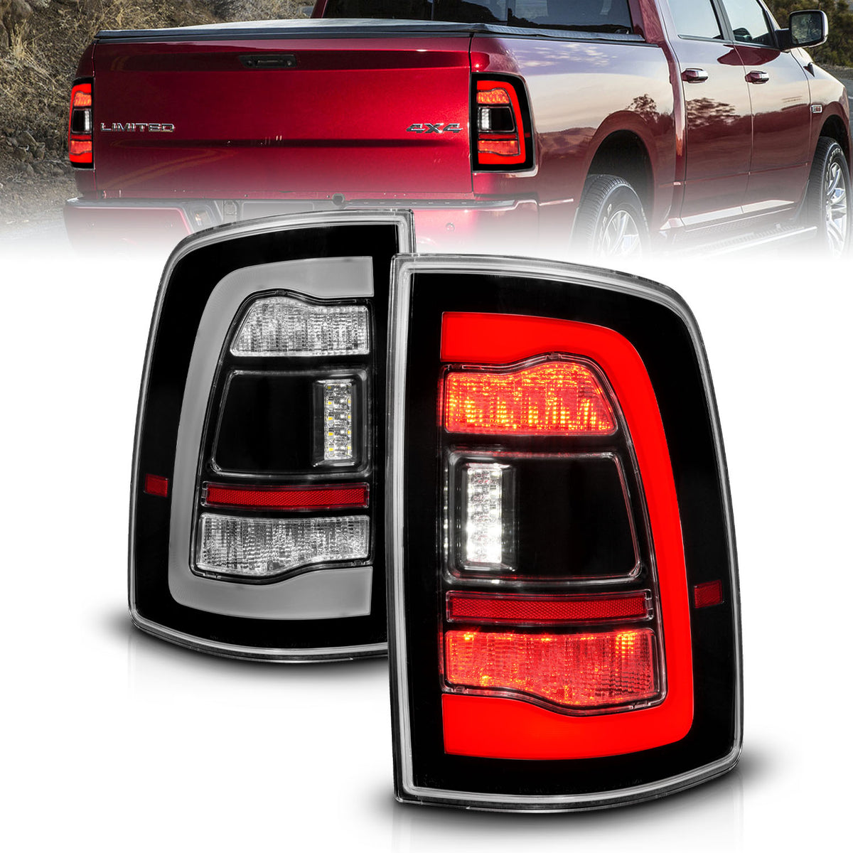 ANZO 09-18 Dodge Ram 1500 Sequential LED Taillights Black - 311469 for 2019-2023 Ram 1500 Classic - front view