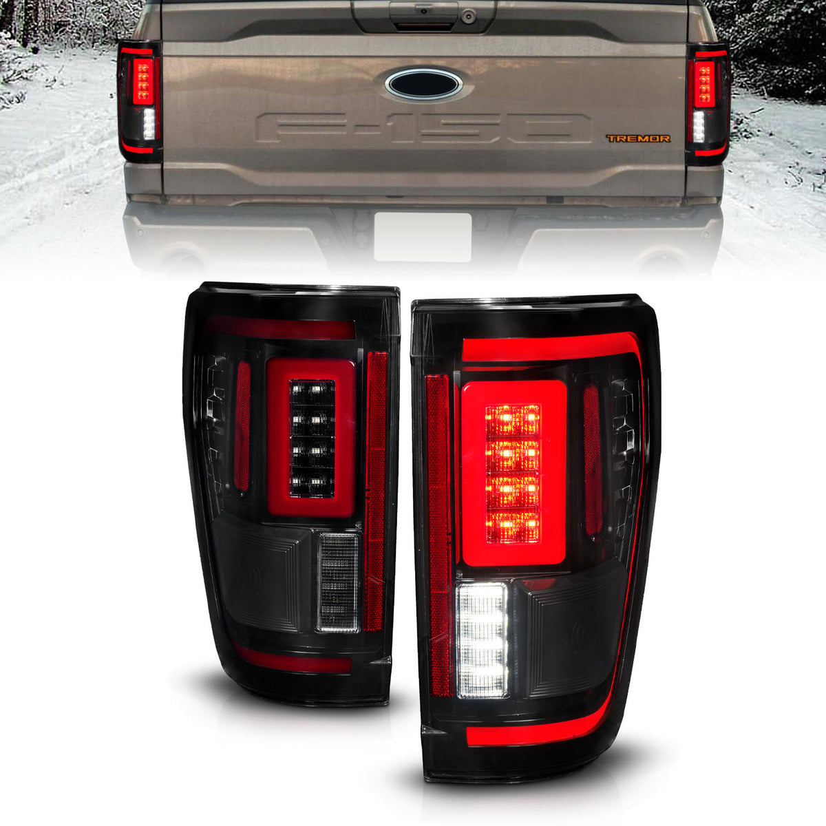 ANZO 21-23 Ford F-150 LED Taillights Seq. Signal w/BLIS Cover - Smoke Blk (For Factory Halogen ONLY) - 311476 for 2021-2023 F