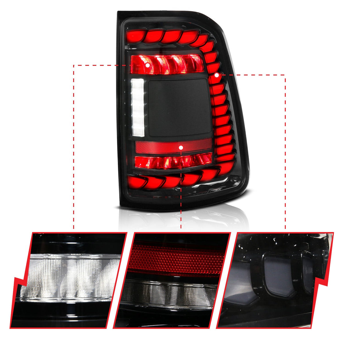 RAM 1500 19-24 FULL LED TAIL LIGHTS BLACK CLEAR LENS W/ SEQUENTIAL SIGNAL (FOR FACTORY HALOGEN MODEL W/O BLIS SYSTEM)