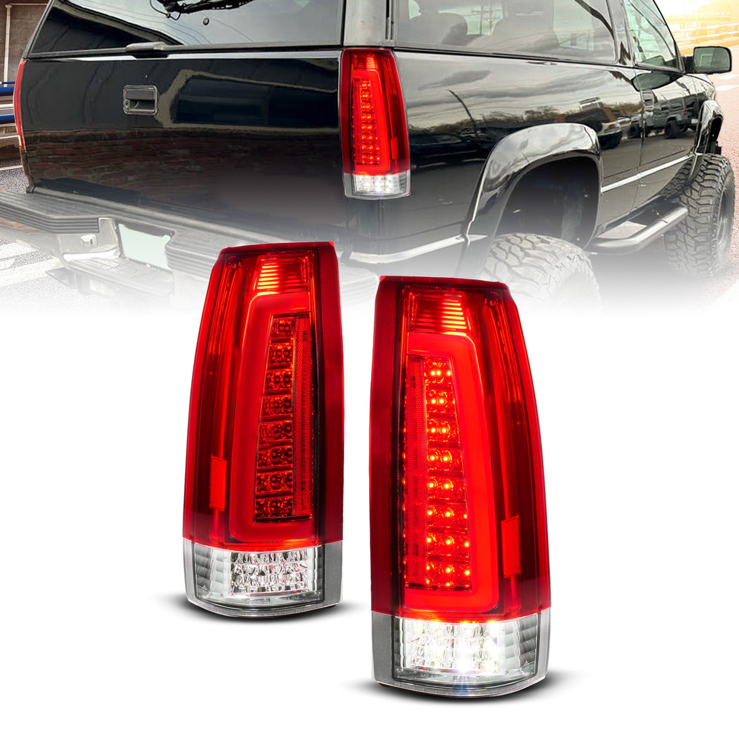 ANZO 88-99 Chevy C/K1500/2500/3500 Full LED Light Tube Taillights Chrome Housing Red/Clear Lens - 311484 for 1988-2000 Chevro