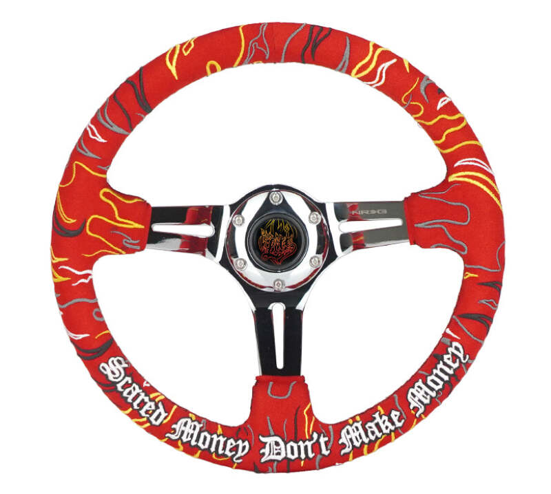 NRG Reinforced Steering Wheel R Litteral Sig 3in Deep/5mm Chrome Spoke - Red Alcantara w/ Red Stitch - RST-018CH-RLR - front view