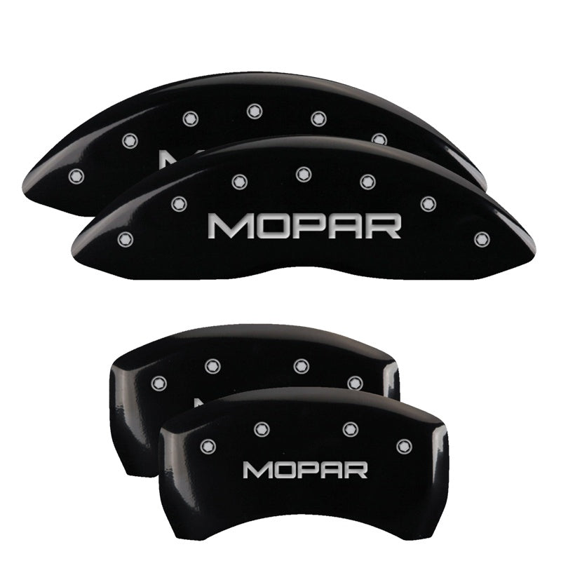MGP 4 Caliper Covers Engraved Front &amp; Rear Mopar Black Finish Silver Char 2017 Chrysler Pacifica - 32025SMOPBK