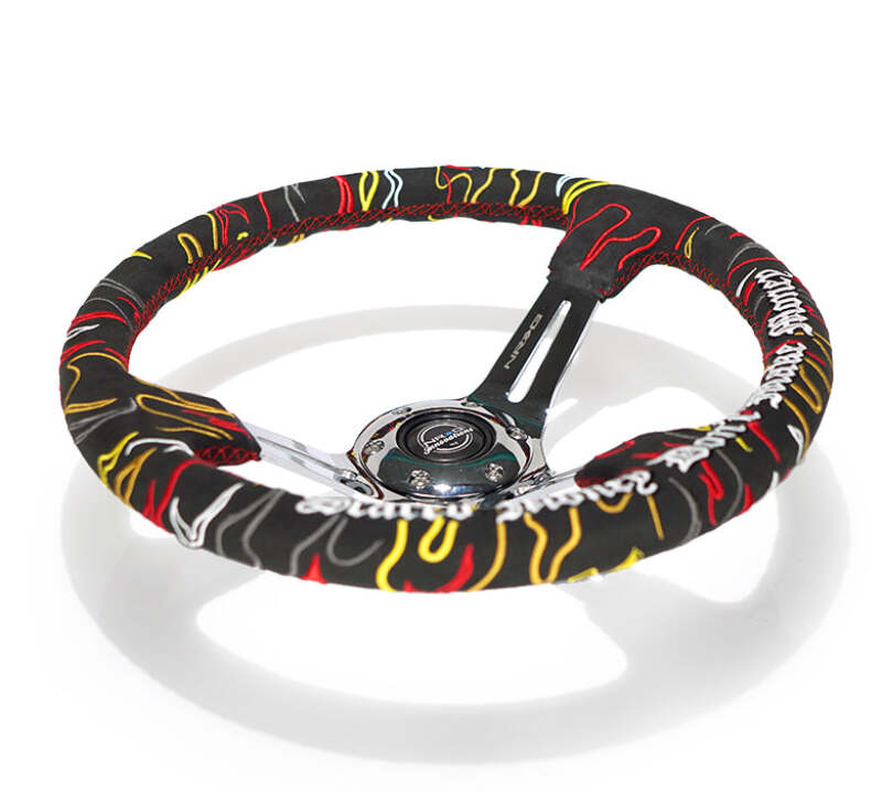 NRG Reinforced Steering Wheel R Litteral Sig 3in Deep/5mm Chrome Spoke - Blk Alcantara w/ Red Stitch - RST-018CH-RLB - close-up view