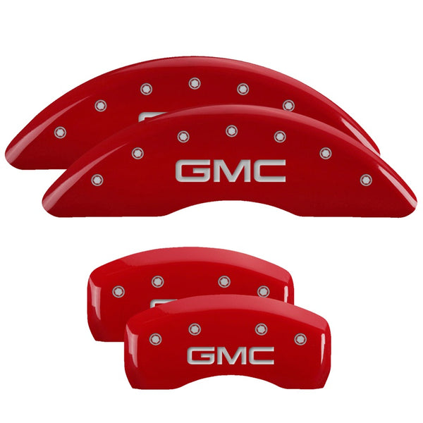 MGP 4 Caliper Covers Engraved Front &amp; Rear GMC Red finish silver ch - 34001SGMCRD