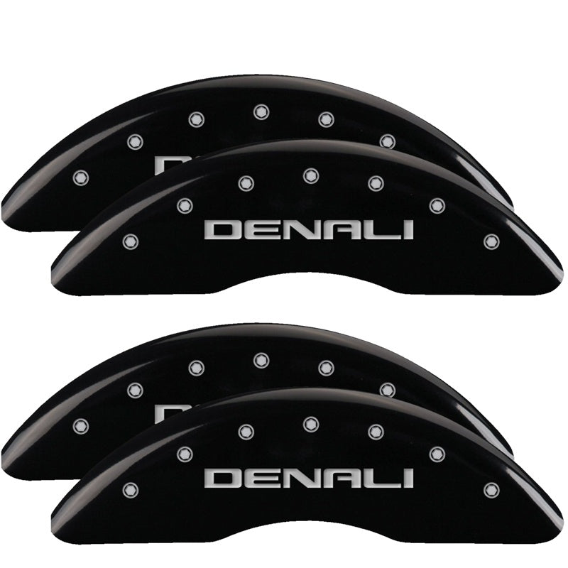 MGP 4 Caliper Covers Engraved Front &amp; Rear Denali Black finish silver ch - 34003SDNLBK