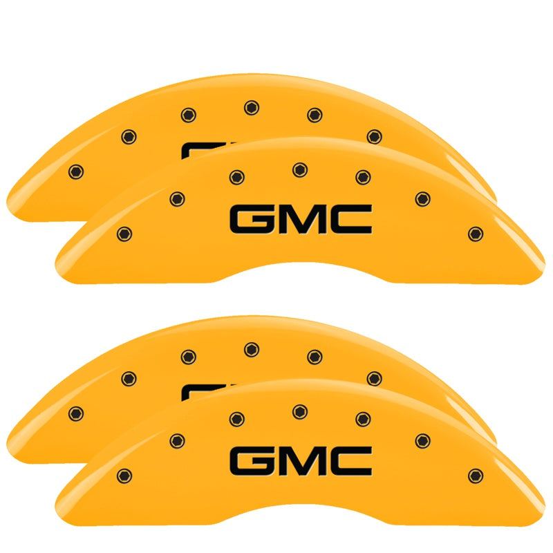 MGP 4 Caliper Covers Engraved Front &amp; Rear GMC Yellow finish black ch - 34003SGMCYL