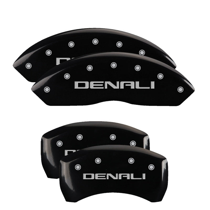 MGP 4 Caliper Covers Engraved Front &amp; Rear Denali Black Finish Silver Char 2019 GMC Arcadia - 34212SDNLBK