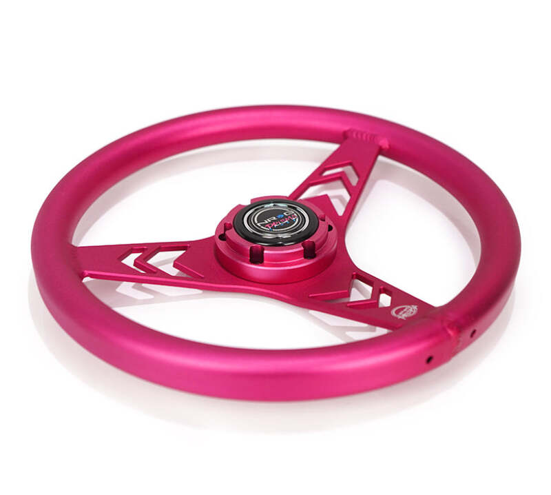 NRG Aluminum Steering Wheel 330mm - Arow Cutout - Ergonomic Grip - Anadized Pink - RST-070-PK - close-up view