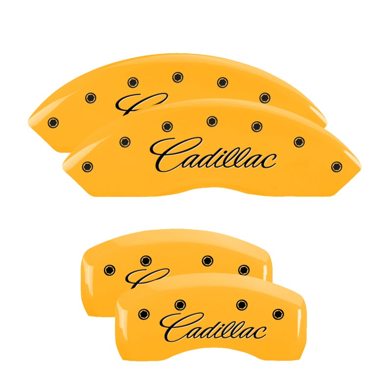 MGP 4 Caliper Covers Engraved F &amp; R Cursive/Cadillac Yellow Finish Black Char 2006 Cadillac SRX - 35002SCADYL