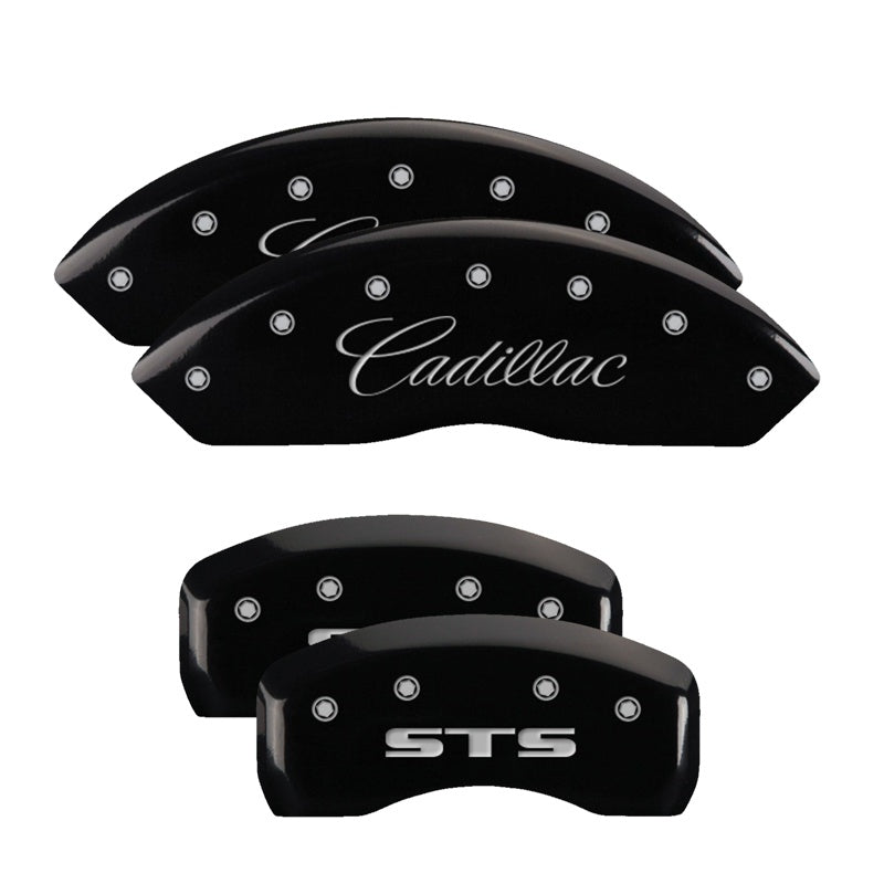 MGP 4 Caliper Covers Engraved Front Cursive/Cadillac Engraved Rear STS Black finish silver ch - 35002SSTSBK