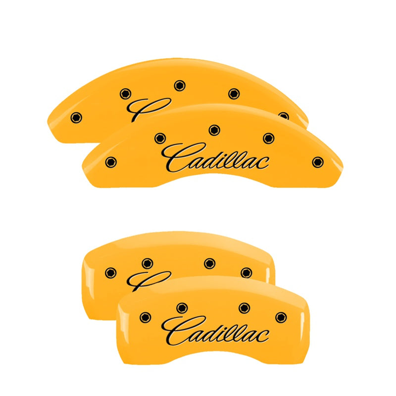 MGP 4 Caliper Covers Engraved F &amp; R Cursive/Cadillac Yellow Finish Black Char 1998 Cadillac DeVille - 35006SCADYL