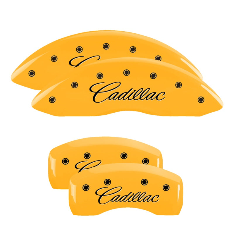 MGP 4 Caliper Covers Engraved Front &amp; Rear Cursive/Cadillac Yellow finish black ch - 35007SCADYL
