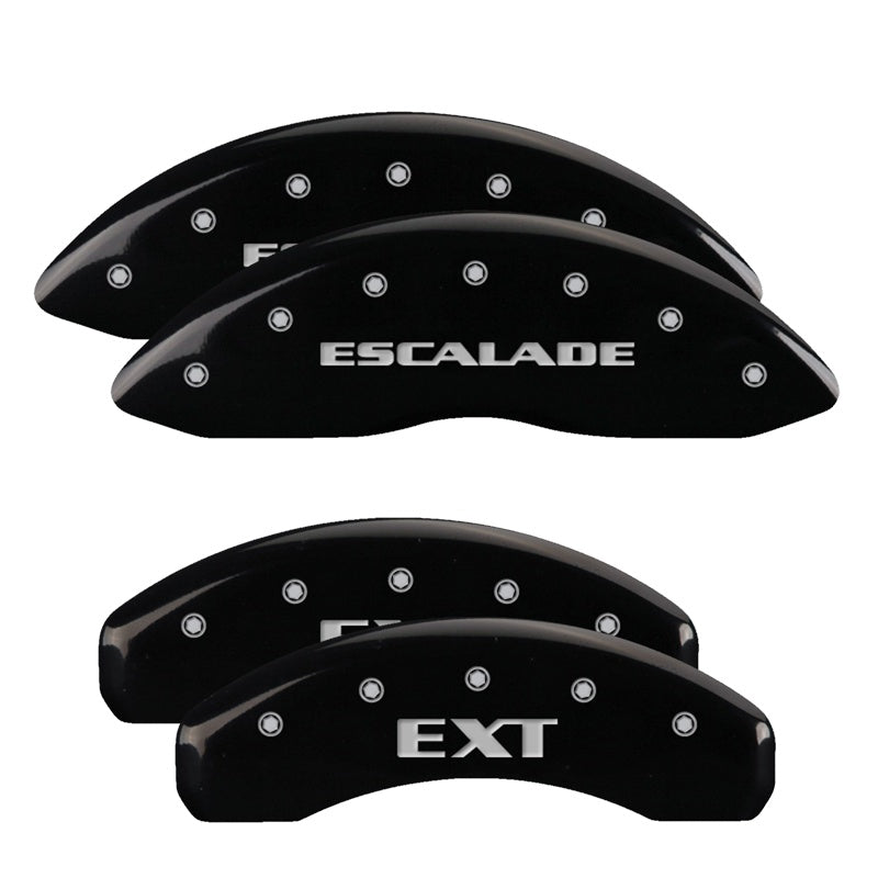 MGP 4 Caliper Covers Engraved Front Escalade Engraved Rear EXT Black finish silver ch - 35015SEXTBK