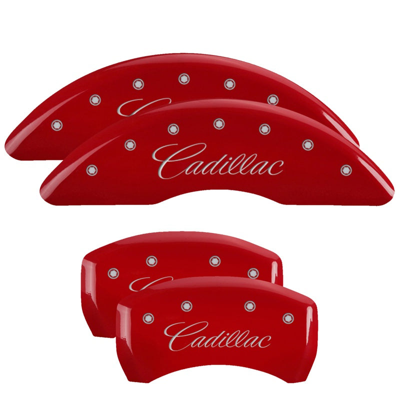 MGP 4 Caliper Covers Engraved Front &amp; Rear Cursive/Cadillac Red finish silver ch - 35024SCADRD