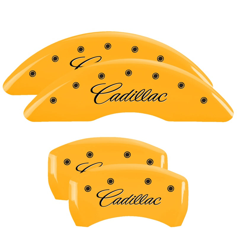 MGP 4 Caliper Covers Engraved Front &amp; Rear Cursive/Cadillac Yellow finish black ch - 35024SCADYL