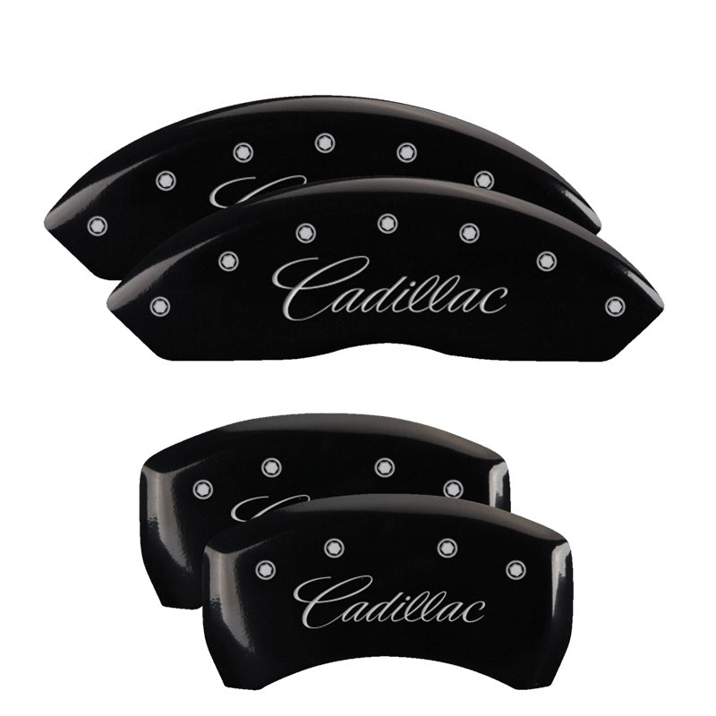 MGP 4 Caliper Covers Engraved F &amp; R Cursive/Cadillac Black Finish Silver Char 2017 Cadillac XT5 - 35025SCADBK