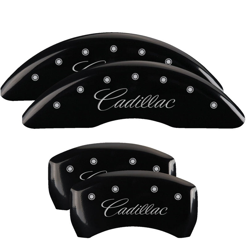 MGP 4 Caliper Covers Engraved F &amp; R Cursive/Cadillac Black Finish Silver Char 2016 Cadillac CT6 - 35026SCADBK