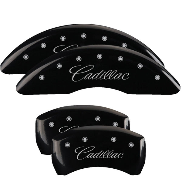 MGP 4 Caliper Covers Engraved F &amp; R Cursive/Cadillac Black Finish Silver Char 2016 Cadillac CT6 - 35026SCADBK
