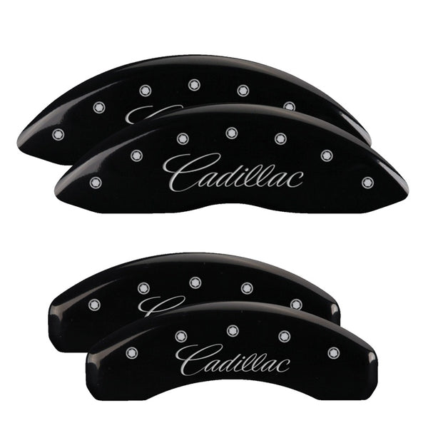 MGP 4 Caliper Covers Engraved F &amp; R Cursive/Cadillac Black Finish Silver Char 2015 Cadillac CTS - 35028SCADBK