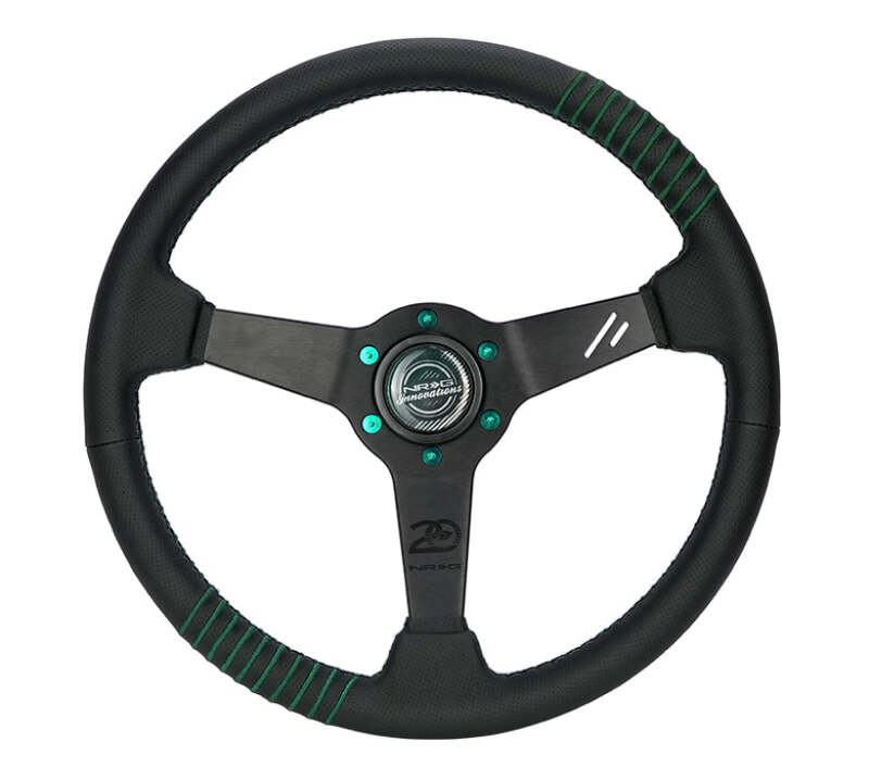NRG Steering Wheel 1.5in Dish 350mm Black Perforated Leather - Emerald Stitching - Reinforced Spoke - RST-037MB-B-20 - front view