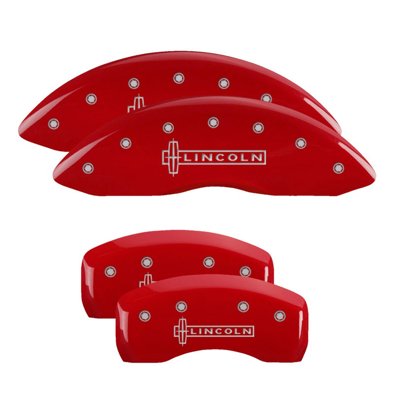 MGP 4 Caliper Covers Engraved Front &amp; Rear Lincoln Red Finish Silver Char 2017 Lincoln MKZ - 36022SLCNRD