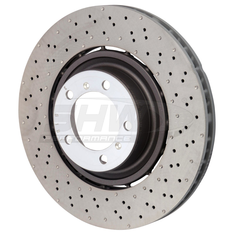 SHW 14-19 Porsche 911 Turbo 3.8L w/o Ceramics Right Front Drilled-Dimple LW Brake Rotor (9P1615302K) - PFR49016 for 2014-2019