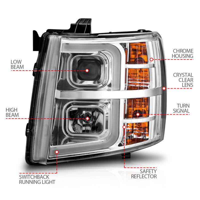 ANZO 2007-2013 Chevrolet Silverado 1500 Projector w/ Light Bar Chrome Housing w/ Sequential - 111546