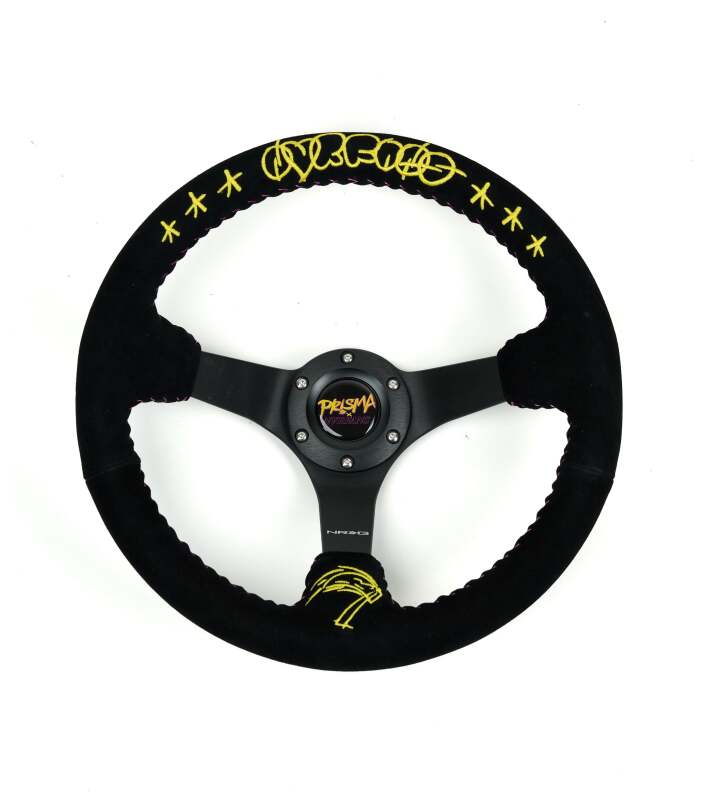 NRG Reinforced Black Perforated Leather Steering Wheel 350mm / 3in Deep w/ NVR Embroidery - RST-036MB-S-NVR - front view