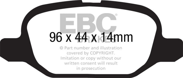 EBC 11+ Fiat 500 1.4 (ATE Calipers) Ultimax2 Rear Brake Pads - UD1569 for 2012-2019 Fiat 500 - front view