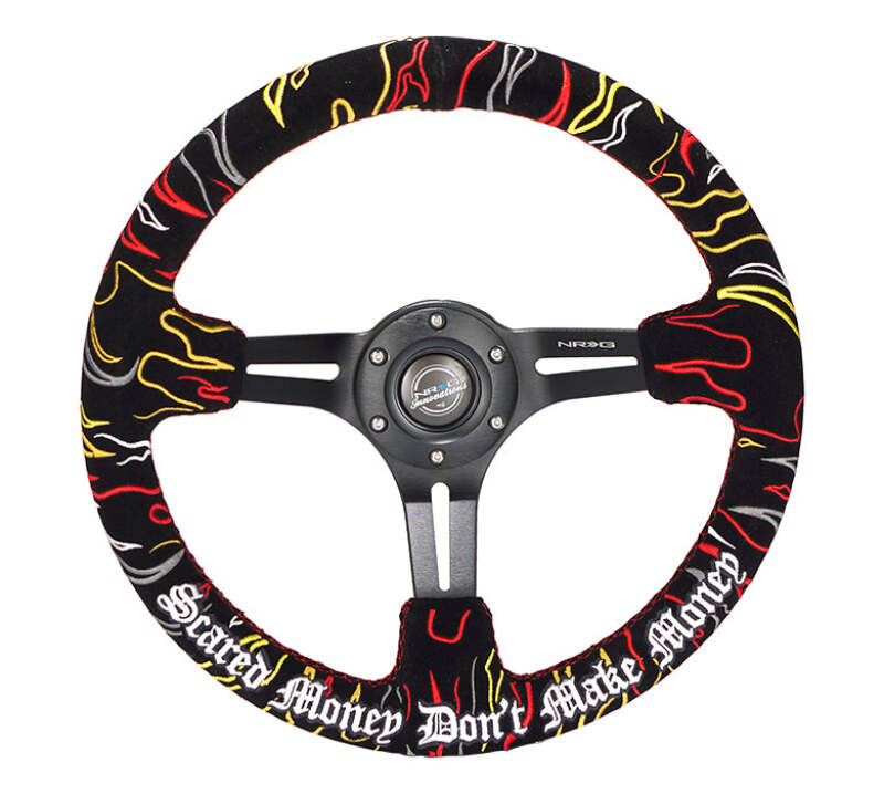 NRG Reinforced Steering Wheel (3in. Deep) Ryan Litteral Sig Red Alcan, Red Stich, Flame Embroidery - RST-018MB-RLB - front view