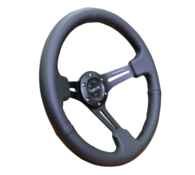 NRG Reinforced Steering Wheel (350mm / 3in. Deep) Blk Leather/Red Stitch w/Neochrome Slits - RST-018R-MCRS - front view