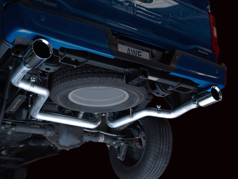 AWE 0FG 21+ Ford F150 Dual Split Rear Exhaust - 5in Chrome Silver Tips - 3015-32105