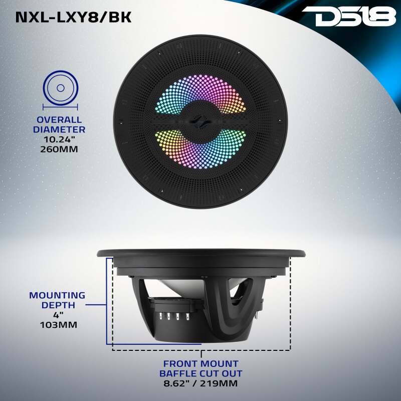 DS18 8in 2-Way 175 Watts RMS 4ohm Digital LED Lights Bullet Tweeter Black - NXL-LXY8/BK - side view