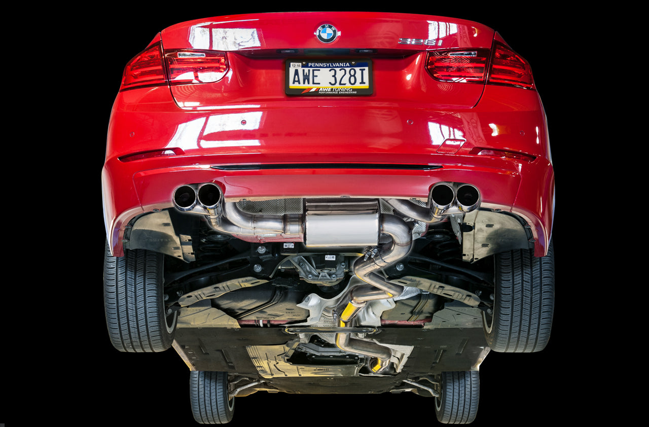 AWE Tuning BMW F3X N20/N26 328i/428i Touring Edition Exhaust Quad Outlet - 80mm Diamond Black Tips - 3010-43036