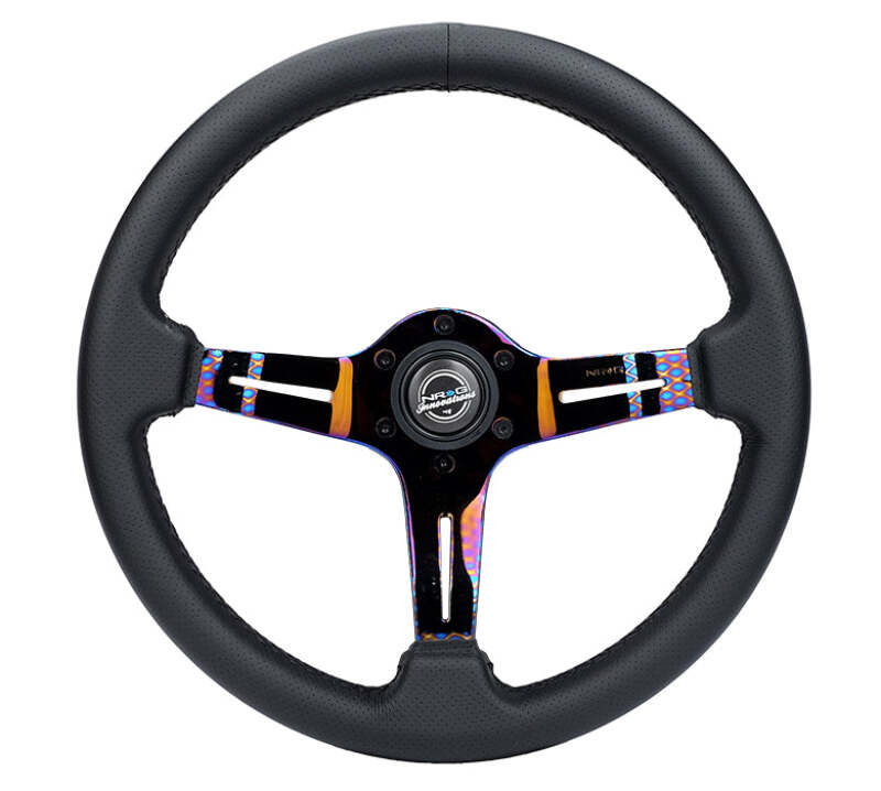 NRG Light Weight Gaming Steering Wheel - Splitz NeoChrome Silver Spokes Perforated Leather - ST-010MC-PR - front view