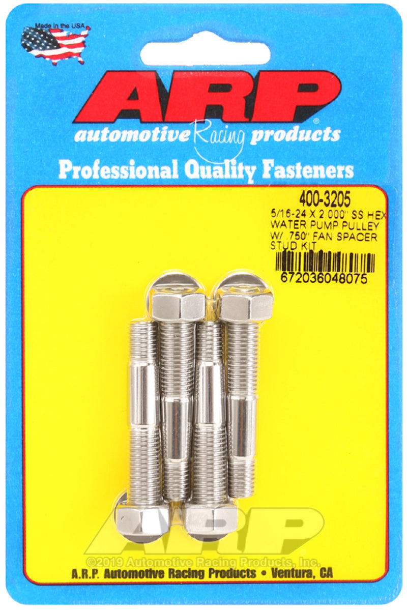 ARP 5/16-24 X 2.000 SS Hex Water Pump Pulley w/ .750in Fan Spacer Stud Kit - 400-3205